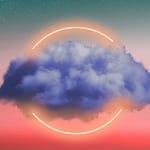 Blau-roter Verlauf mit Sternenhimmel. In der Mitte ist eine Wolke mit einem gelben Neon-Leuchtring darum