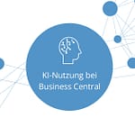 Weiße Infografik mit Netzwerkpunkten, in der Mitte ist ein hellblauer Kreis und einem Icon eines Menschens mit vernetztem Gehirn. Darunter ist ein Text "KI-Nutzung bei Business Central"