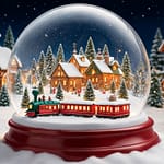 Schneekugel (Weihnachtskugel) mit real wirkender Stadt mit Zug davor, es liegt Schnee